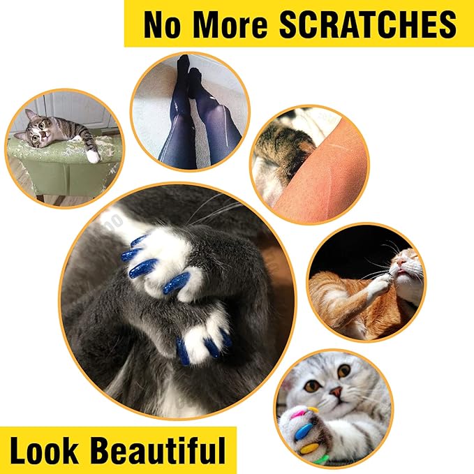 zetpo 80 pcs Cat Claw Covers | Cat Nail Caps | with Adhesives and Applicators (S, White, Black, Blue Glitter, Sky Blue)