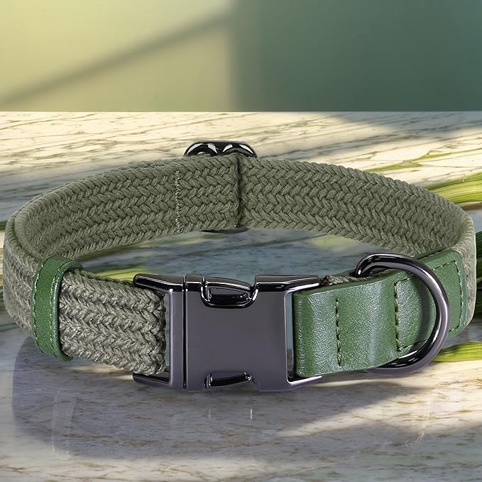 PET ARTIST Soft Cotton Dog Collar for Large Dogs in Stylish Green, Simple Dog Collar with Quick Release Metal Buckle & D Ring, L Size (15-23")