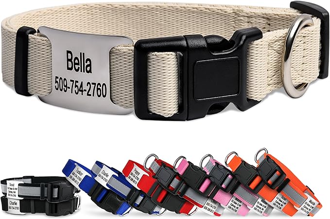 GoTags Personalized Dog Collar with Nameplate, Adjustable Dog Collar with Custom Engraved Slide On Pet ID Tag in Stainless Steel, Silent, No Noise Dog Tag (Beige, Large)