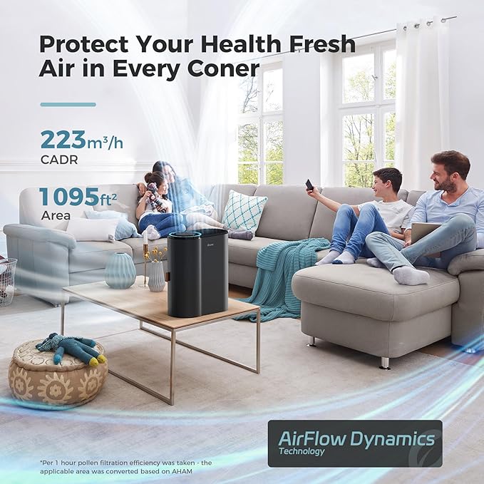 AROEVE Air Purifiers for Home Bedroom, Covers Up to 1095 ft², 3-in-1 Filter Sleep Mode, Air Quality Indicator Ring, Remove Dust Smoke Odor Pollen Allergies Pet Hair for Dorm Room, Office, MK04, Black