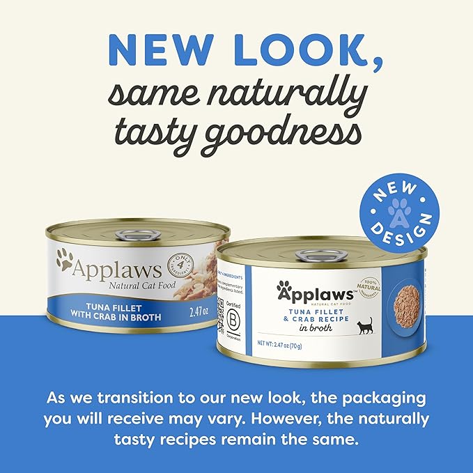 Applaws Natural Wet Cat Food in Broth, Limited Ingredient Canned Wet Cat Food, No Additives, Made with Natural Ingredients, Tuna Fillet & Crab in Broth (24 x 2.47oz Cans)