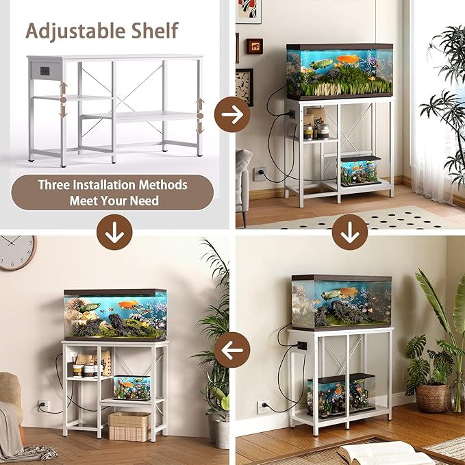 20-29 Gallon Fish Tank Stand with Power Outlet & LED Light, Metal Aquarium Stand with 3 Tier Adjustable Storage Shelves, Tank Stand for Reptile Tank, Turtle Tank, 30.7" L*13.8" W, White
