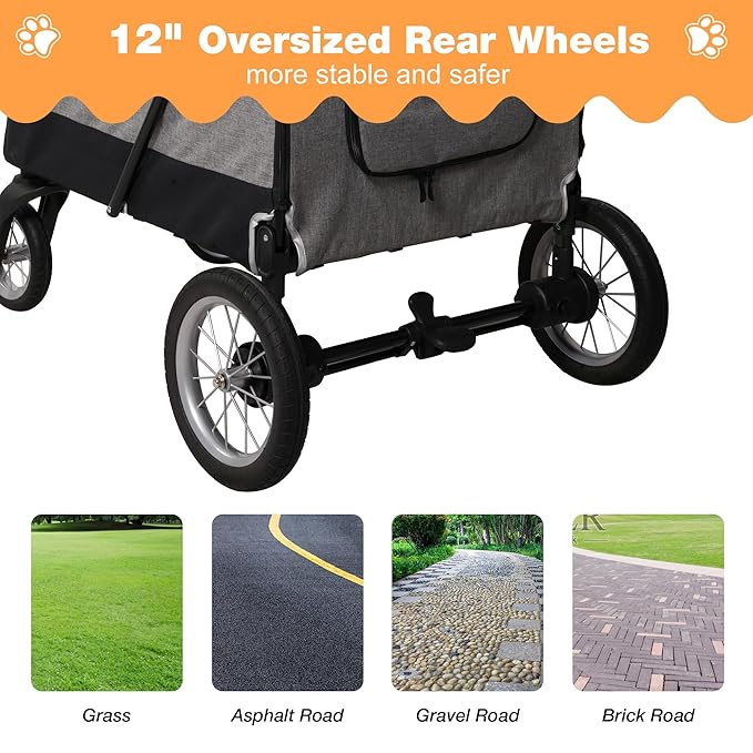 4 Wheel Pet Stroller with Storage Basket - Foldable & Breathable with Mesh Skylight, Large Dog Stroller with Adjustable Handle - Ideal for Travel and Walking with Medium to Large Dogs, Up to 120 lbs