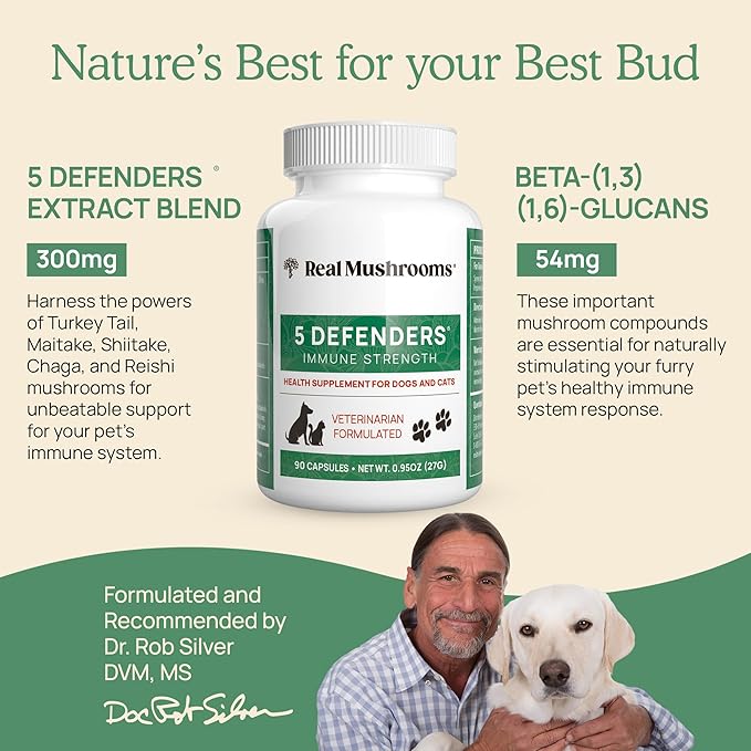 5 Defenders Mushroom Supplement for Cats & Dogs – Chaga, Shiitake, Reishi, Turkey Tail, Maitake – Cat Multivitamin & Dog Supplement for Wellness Support– 90 ct Real Mushrooms Powder Capsules