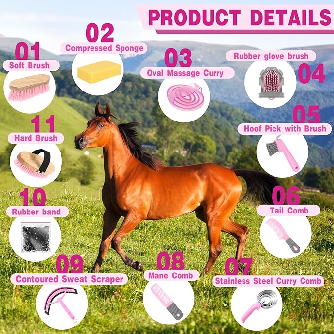 Abbylike 12 Pieces Horse Grooming Kit Racing Festival Tack Room Supplies Horse Brush Sets Equine Care Cleaning Kit Shedding Grooming Massaging Tools(Pink and Grey)