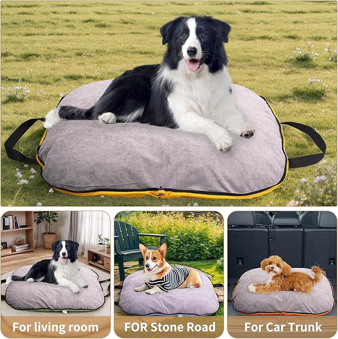 Portable Waterproof Dog Mat for Camping, Patio & Travel - Foldable Outdoor Dog Bed with Teflon Shell & Removable Plush Pad - Easy Clean, Durable - S (Lemon Yellow)