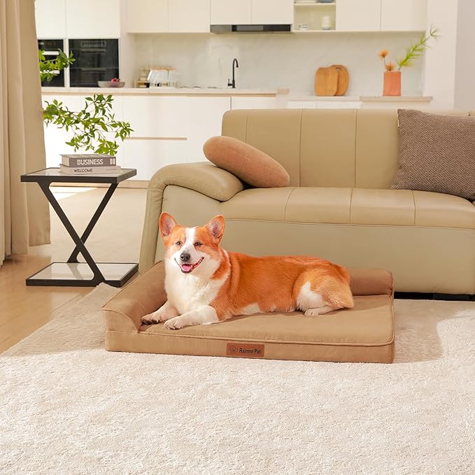 Chew Proof Dog Bed, 3" Memory Foam Dog Bed for Medium and Large Dogs, Removable and Washable Microsuede Cover, Waterproof Liner, Nonskid Bottom, 41x27 Inches XL Khaki