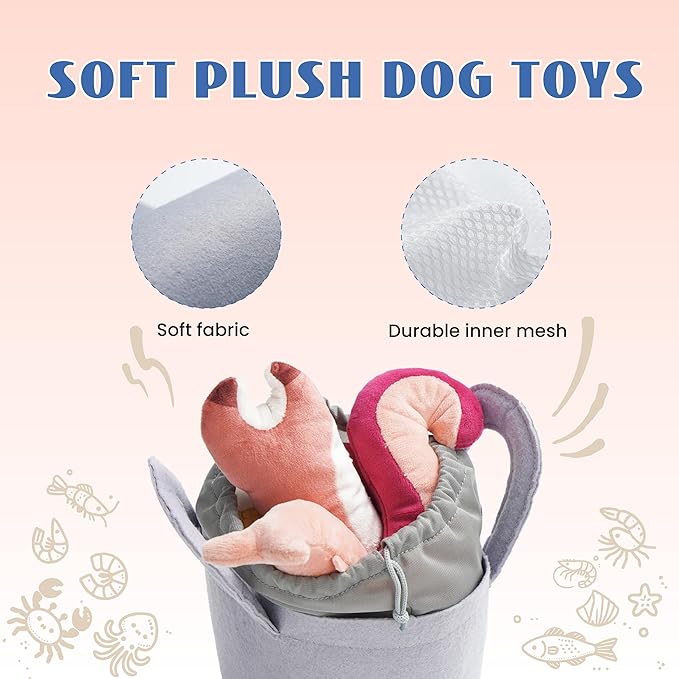 Nocciola 10 PCS Seafood Boil Small Dog Toys for Boredom, Crinkle Dog Squeaky Toys to Keep Them Busy, Plush Stuffed Puppy Toys for Small Medium Dogs