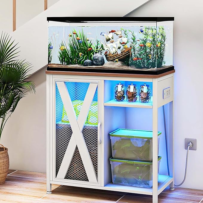 DWVO 20-29 Gallon Aquarium Stand with Power Outlets & LED Light, Cabinet for Fish Tank Accessories Storage - Metal Stand Suitable for Turtle Tank, Reptile Terrarium, 350LBS Capacity, White