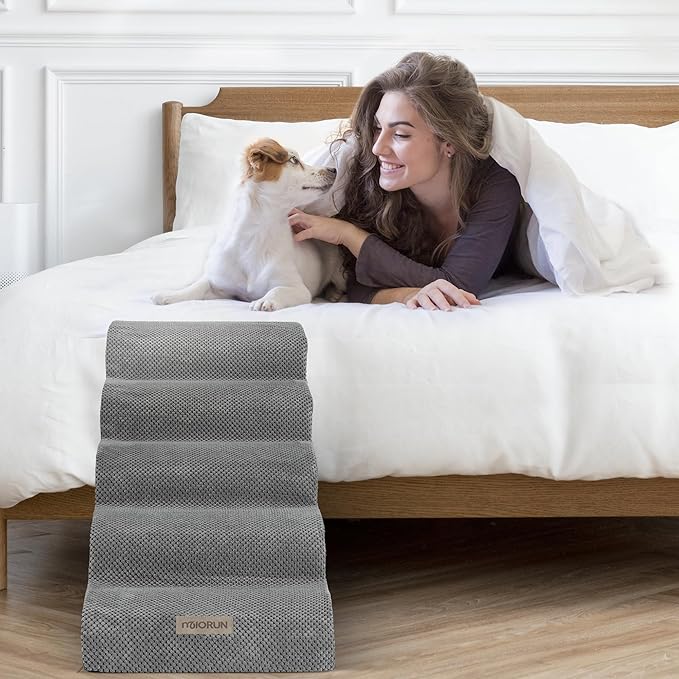 Dog Stairs for High Beds Up to 30", Extra-Tall 24.5" 5-Step Foam Pet Ramp with Washable Cover, Gentle Slope Steps, Bed & Couch Ladder for Small Medium Dogs & Senior Cat, Puppy Climbing Stairs