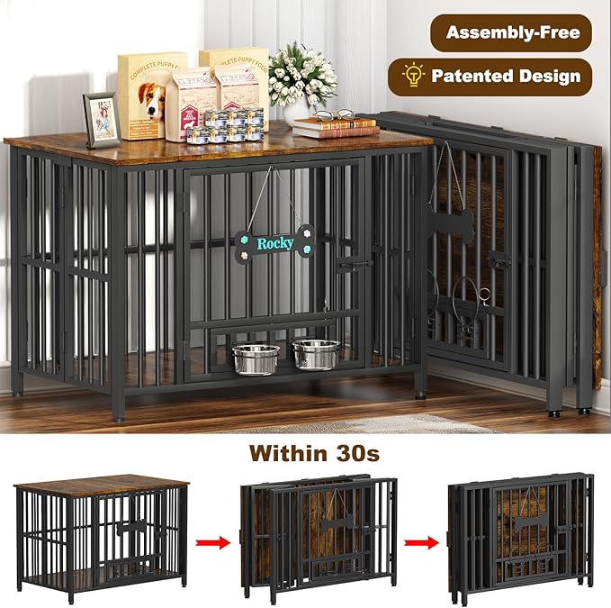 Easycom 41" Dog Crate Furniture Foldable, No Assembly Decorative Dog Kennel Indoor, Dog Crates for Large Dogs (40–65 lbs), Wooden Dog Cage with Adjustable Bowls and Name Tag, End Table, Rustic Brown