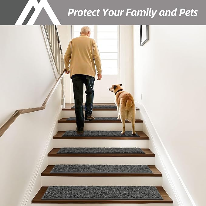 COSY HOMEER Edging Stair Treads Non-Slip Carpet Mat 28inX9in Indoor Stair Runners for Wooden Steps, Edging Stair Rugs for Kids and Dogs, 100% Polyester TPE Backing (10pc, Black)