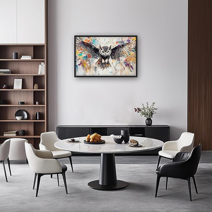 Large Owl Wall Art for Living Room, Framed Oversized Banksy Owl Wall Decor Colorful Wildlife Canvas Painting Animal Pictures Modern Artwork for Living Room Bathroom Bedroom Office Dining Room 36"x24"