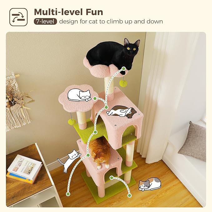 Flower Cat Tree, 62-Inch Large Cat Tower for Multi-Cat Households w/Scratching Posts, Multi-Level Cat Condo w/Cozy Top Perch & Scratching Pad, Padded Platform, 2 Pompoms, Pink