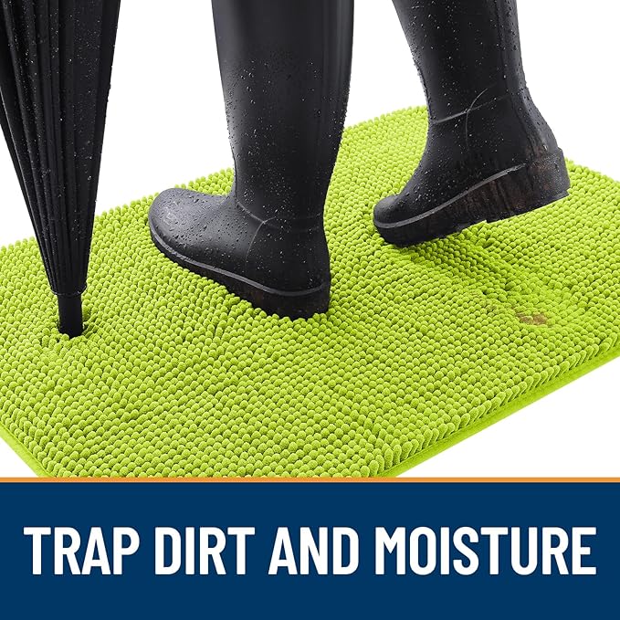 OLANLY Dog Door Mat for Muddy Paws 24x16, Absorbs Moisture and Dirt, Absorbent Non-Slip Washable Doormat, Quick Dry Chenille Mud Mat, Entry Indoor Entryway Carpet for Inside Floor, Bright Green