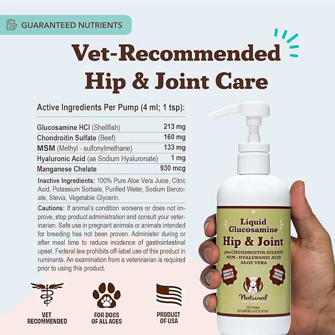 Natural Dog Company Liquid Glucosamine for Dogs, Hip & Joint Oil, Extra Strength Cartilage, Joint Supplement for Dogs, Helps Mobility, Eases Occasional Stiffness, Glucosamine Chondroitin, 32 oz.