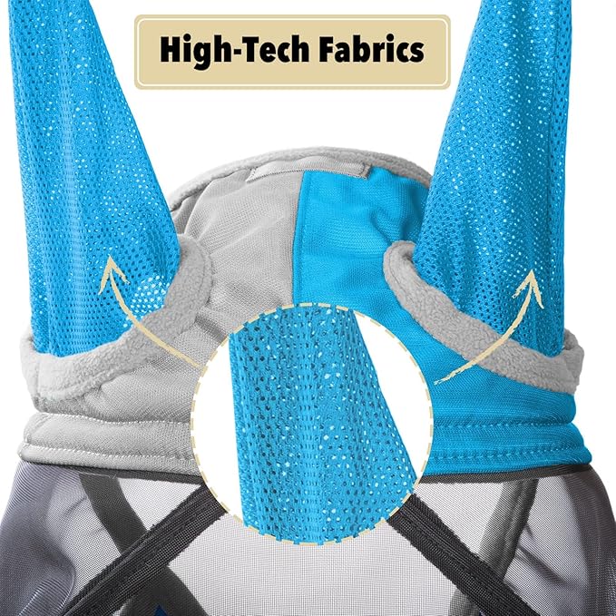Harrison Howard Pro Luminous Horse Fly Mask Standard with Ears UV Protection for Horse Azure Blue/Silver Large Full Size