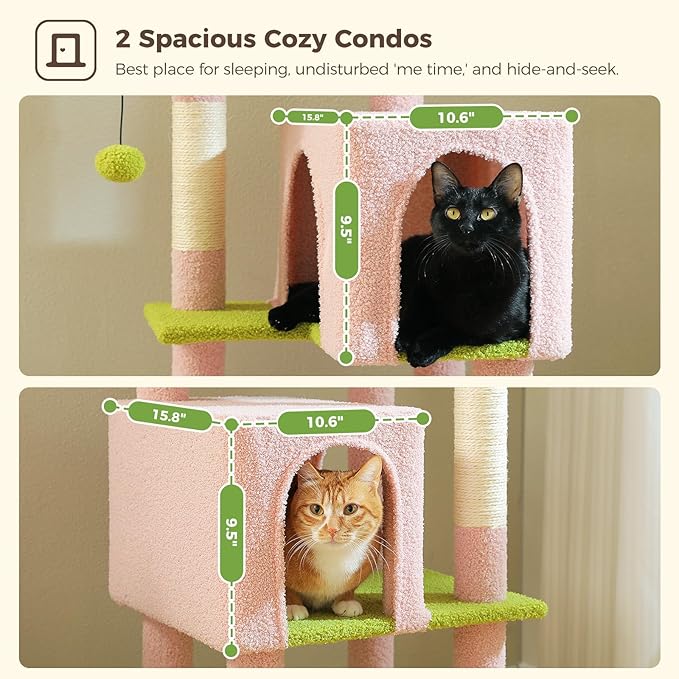 Flower Cat Tree, 62-Inch Large Cat Tower for Multi-Cat Households w/Scratching Posts, Multi-Level Cat Condo w/Cozy Top Perch & Scratching Pad, Padded Platform, 2 Pompoms, Pink