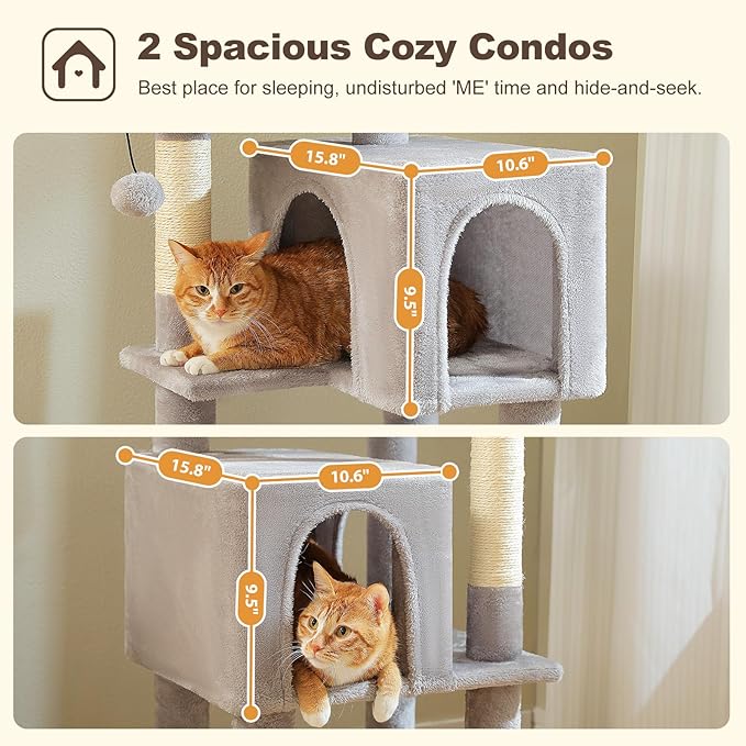 Cat Tree for Indoor Cats, 62-Inch Multi-Level Cat Tower with Scratching Posts for Large Cats, 2 Bigger Plush Condos, Padded Platform, Soft Cat Bed and Scratching Pad, 2 Pompoms, Gray