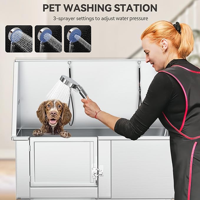 YITAHOME 50in Dog Bathing Station, Professional Stainless Steel 304 Dog Bathtub, Pet Grooming Tub w/Left Ramp, Floor Grate, Faucet, Pet Washing Station for Large, Medium, Small Pets, Indoor, Outdoor