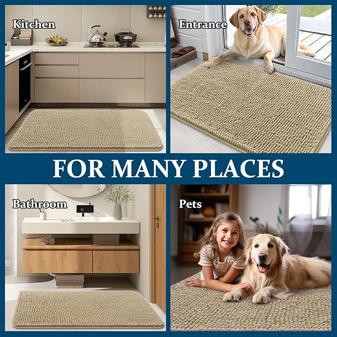 OLANLY Dog Door Mat for Muddy Paws 59x24, Absorbs Moisture and Dirt, Absorbent Non-Slip Washable Doormat, Quick Dry Chenille Mud Mat for Dogs, Entry Indoor Entryway Carpet for Inside Floor, Beige