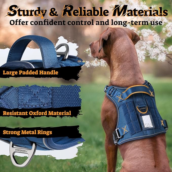 rabbitgoo Dog Harness for Large Dogs No Pull, Tactical Service Pet Vest with Molle and Control Handle, Adjustable and Reflective Military Harness for Easy Walking and Training, Blue, XL