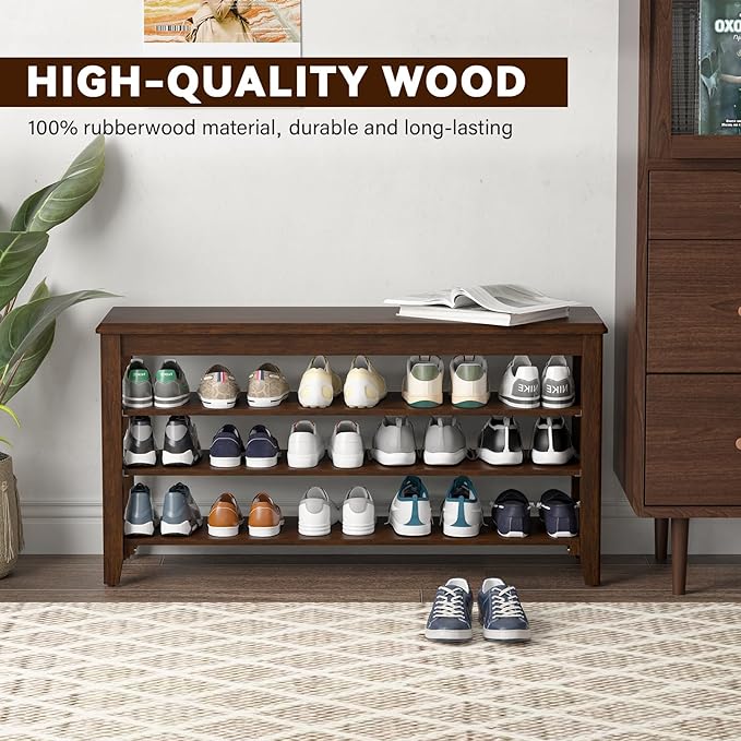 Shoe Bench Storage Rubberwood, Entryway Bench with 3-Tiers Height Adjustable, Shoe Rack Front Door Entrance Organizer for Hallway Living Room, Mudrooms, Walnut,39.4"