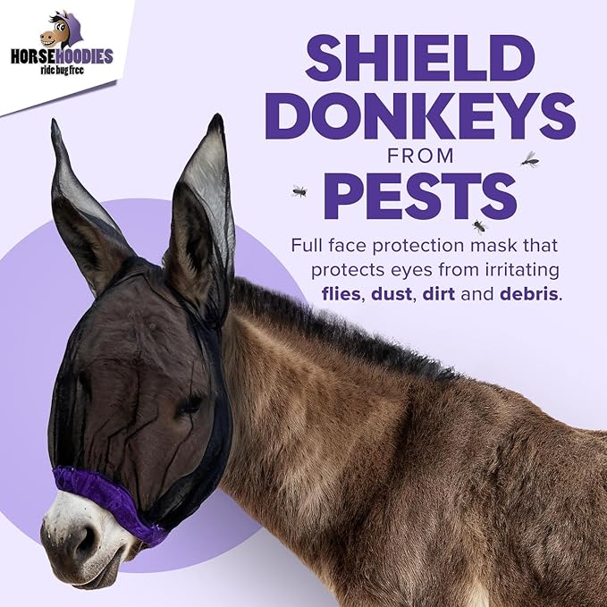 Donkey Fly Mask with Long Ears (Aqua) Made in USA - Mule Fly Mask with Ears Protection from Insects and Bugs, Mini Donkey Soft Mesh Fabric with Adjustable Fastener, Face Cover Supplies for Donkeys