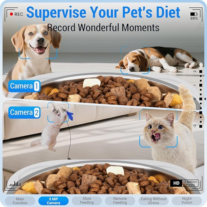 Automatic Cat Feeder with Two HD Camera for 2 Cats: 7L Automatic Dog Feeder with Night Vision & Slow Feed, 5G WiFi Auto Cat Food Dispenser for Multiple Pet, Detachable for Cleaning - 29 Cup