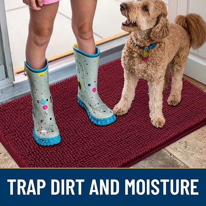 Smiry Dog Door Mat for Muddy Paws 47x24, Absorbs Moisture and Dirt Doormat, Non-Slip Washable Quick Dry Chenille Front Door Mat Indoor Entrance, Entryway Carpet for Inside Floor, Burgundy