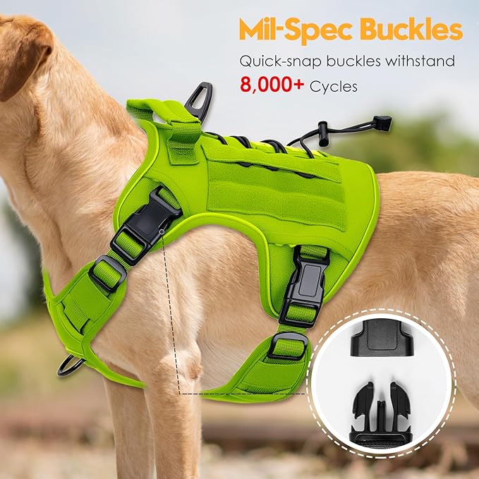 Heavy-Duty Tactical Dog Harness for Large Dogs, No Pull Adjustable Reflective Pet Vest with Molle System, K9 Military-Grade Control for Service Training, Outdoor & 10+ Breeds, Wild Lime, XX-Large