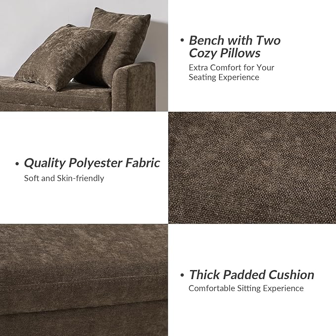 HULALA HOME Modern Storage Bench with Throw Pillows, 59.4" Extra Long Bedroom Ottoman Bench for End of Bed, Comfy Upholstered Footstool for Entryway Living Room Dining Room, Taupe