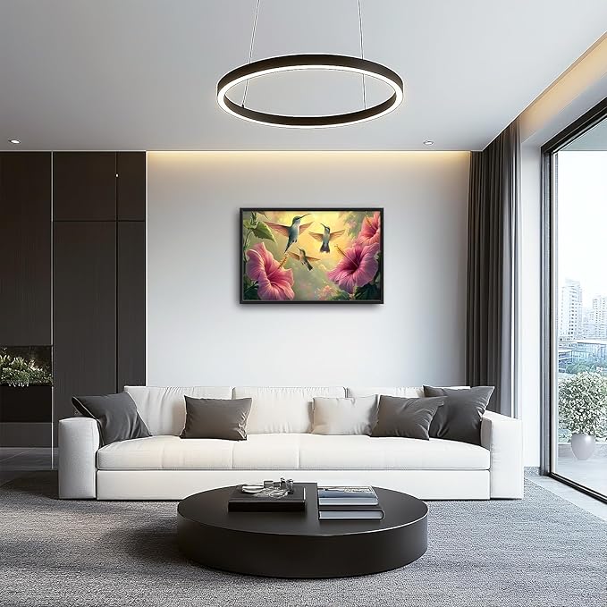Framed Large Hummingbird Wall Art for Living Room, Oversized Rustic Bird Flower Wall Decor Floral Canvas Painting Nature Sunrise Pictures Modern Artwork for Bedroom Office Dinging Room 36"x24"