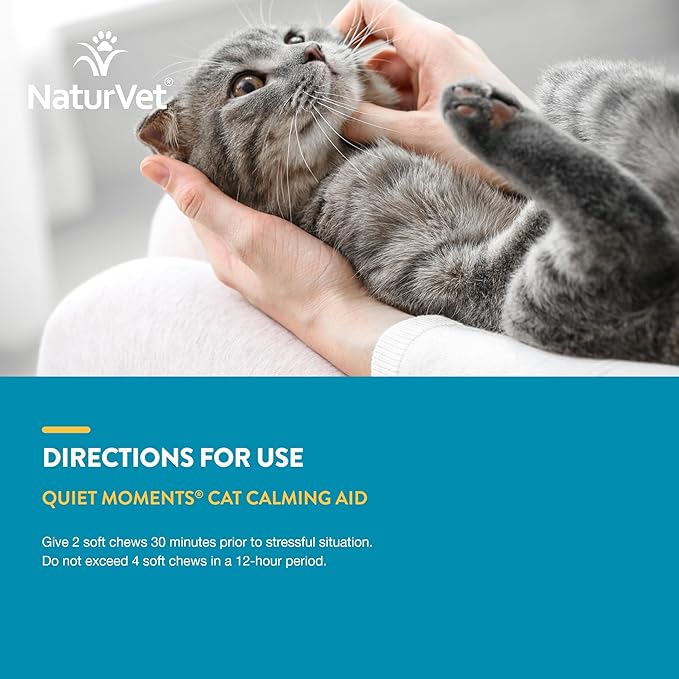 NaturVet –Quiet Moments Calming Aid for Cats Plus Melatonin – 60 Soft Chews – Helps Reduce Stress & Promote Relaxation – Great for Storms, Fireworks, Travel & Grooming
