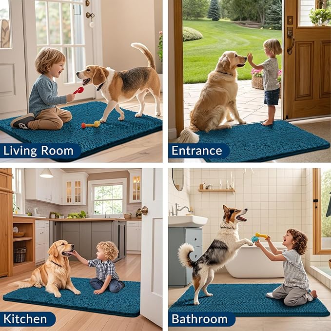 Smiry Dog Door Mat for Muddy Paws 59x24, Absorbs Moisture and Dirt Doormat, Non-Slip Washable Quick Dry Chenille Front Door Mat Indoor Entrance, Entryway Carpet for Inside Floor, Atlantic Blue