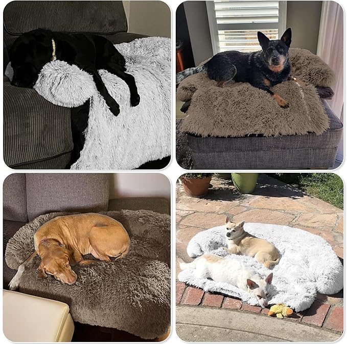 Calming Dog Bed Fluffy Plush Dog Mat for Furniture Protector with Removable Washable Cover for Large Medium Small Dogs and Cats (Medium(41x37x6), Camel)