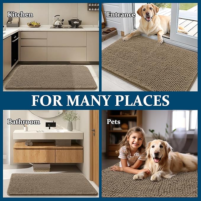 OLANLY Dog Door Mat for Muddy Paws 24x16, Absorbs Moisture and Dirt, Absorbent Non-Slip Washable Doormat, Quick Dry Chenille Mud Mat for Dogs, Entry Indoor Entryway Carpet for Inside Floor, Tan