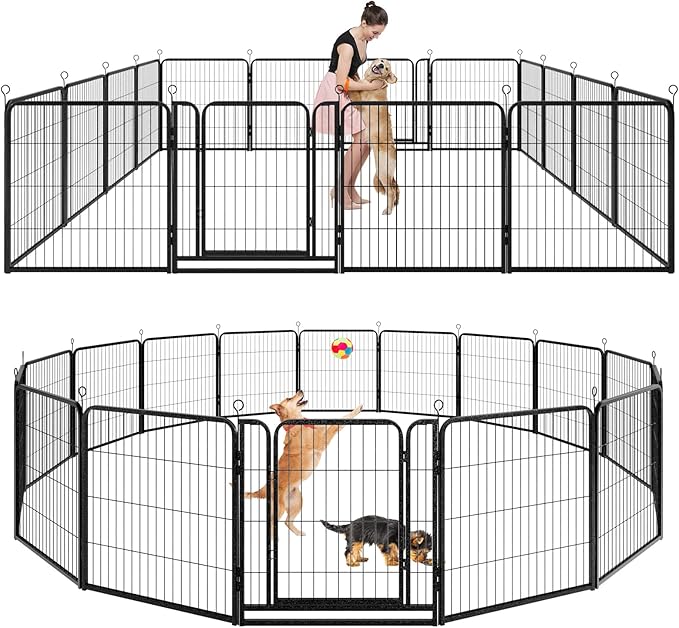 Dog Playpen Outdoor Extra Wide 16 Panels Heavy Duty Dog Fence 32" Height Anti-Rust with Doors Portable for RV Camping Yard, Total 42FT, 140 Sq.ft, Snowy Black