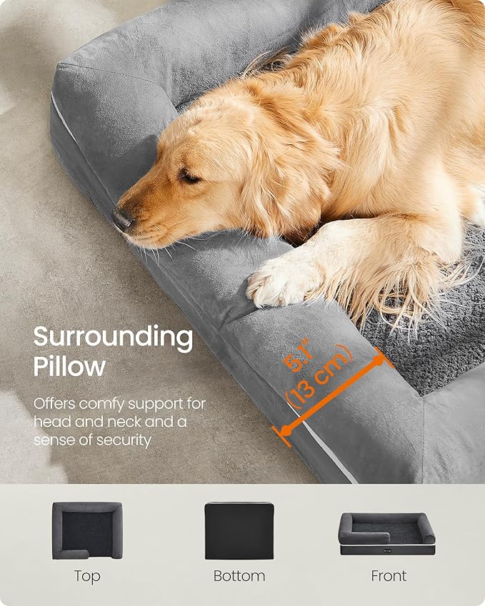 Feandrea Dog Bed, Orthopedic Large Waterproof Bed, Removable Washable Cover Dog Sofa with Non-Slip Bottom, Raised Edges, 42 x 32 x 8 Inches, Light Gray UPGW077G02V1
