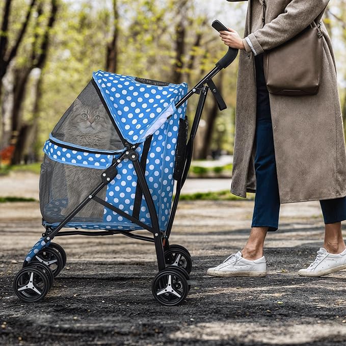 MoNiBloom 4 Wheels Pet Stroller, Easy-Fold Umbrella Shaped Dog Cat Jogger Stroller w/Storage Bag & Visible Mesh for Small/Medium Dogs Cats Sky Blue Polka Dots