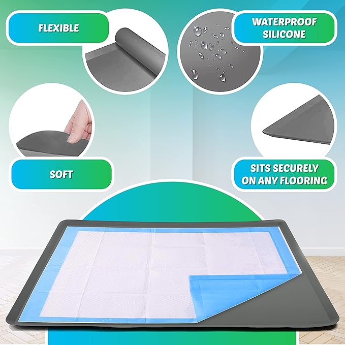 Skywin Dog Pad Holder Tray for 24x36 Inches Training Pads - Easy to Clean and Store Perfect for Dog Potty Tray – Silicon Wee Wee Pad Holder, No Spill Pee Pad Holder for Dogs (Grey)