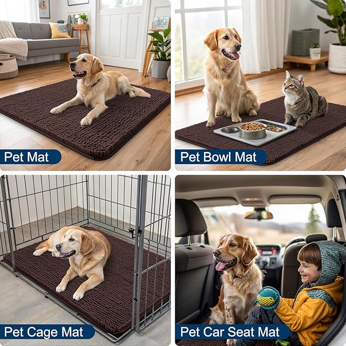 Smiry Dog Door Mat for Muddy Paws 24x16, Absorbs Moisture and Dirt Doormat, Non-Slip Washable Quick Dry Chenille Front Door Mat Indoor Entrance, Entryway Carpet for Inside Floor, Brown