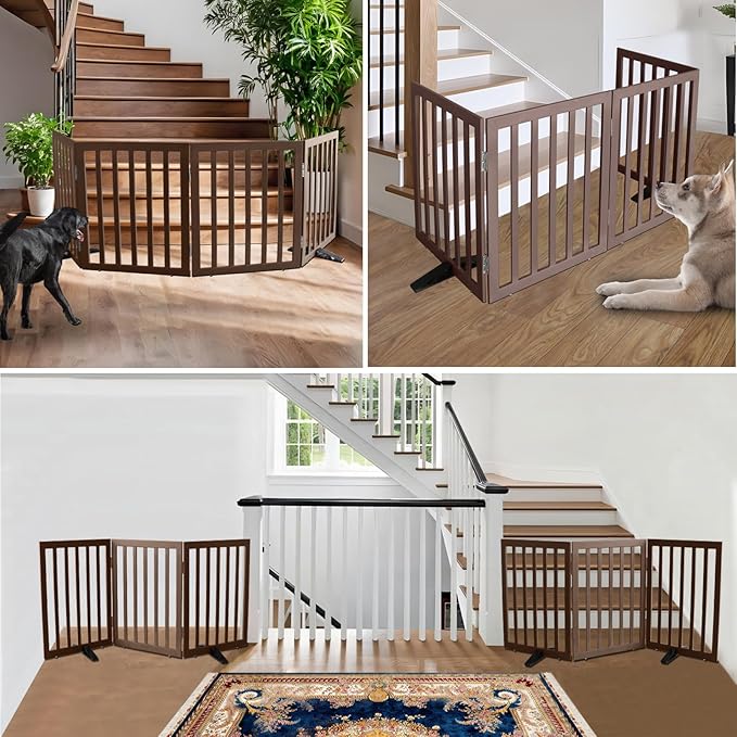 ZJSF Freestanding Indoor Dog Gate for House Foldable Wood Puppy Gate for Doorways Pet Gate for Stairs Extra Wide Pet Fence, Brown, 32" Height 3 Panels