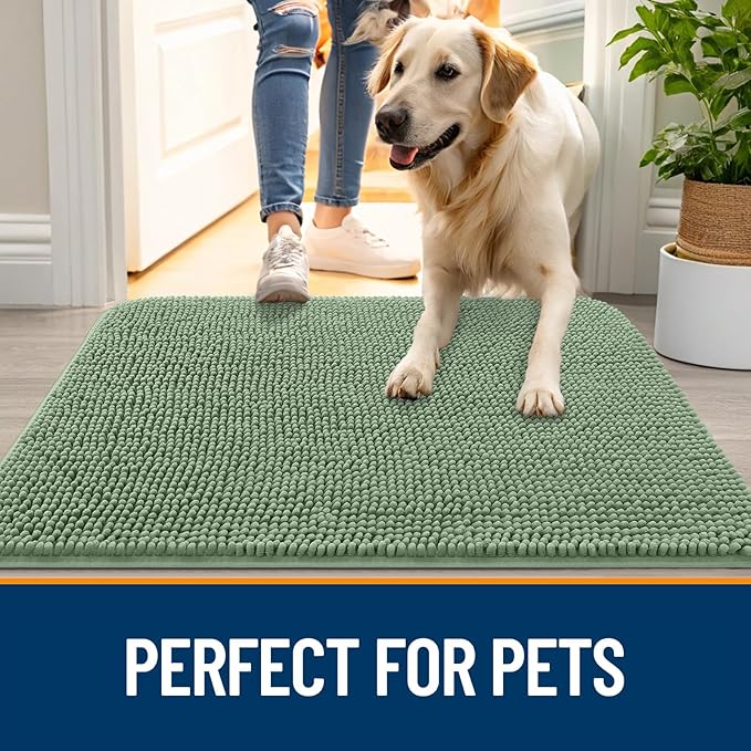 OLANLY Dog Door Mat for Muddy Paws 47x24, Absorbs Moisture and Dirt, Absorbent Non-Slip Washable Doormat, Quick Dry Chenille Mud Mat, Entry Indoor Entryway Carpet for Inside Floor, Olive Green
