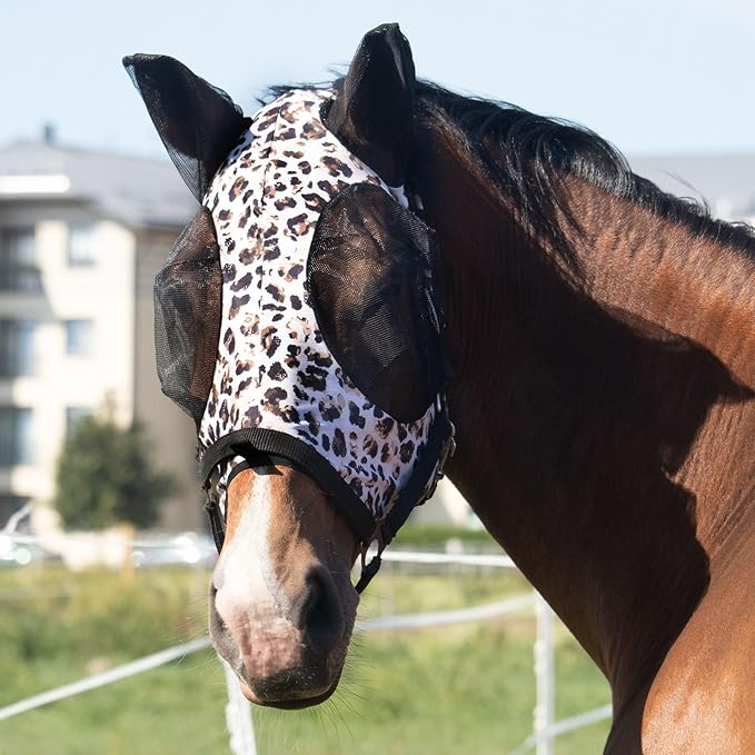 Harrison Howard Super Comfort Stretchy Fly Mask Large Eye Space with UV Protection Soft on Skin with Breathability Leopard Print M Cob