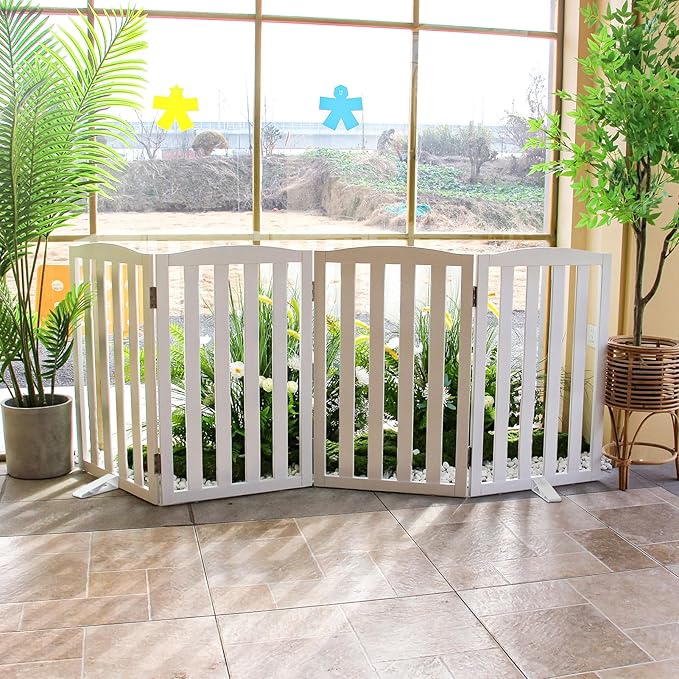 ZJSF Foldable Freestanding Indoor Dog Gate for House Wood White Long Pet Gates Dog Fence for Stairs Puppy Gates for Hallways,Pet Fence, Puppy Gate,Support Feet Included 24 "Height-6 Panels