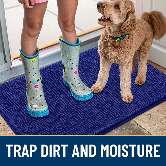 Smiry Dog Door Mat for Muddy Paws 59x24, Absorbs Moisture and Dirt Doormat, Non-Slip Washable Quick Dry Chenille Front Door Mat Indoor Entrance, Entryway Carpet for Inside Floor, Navy Blue