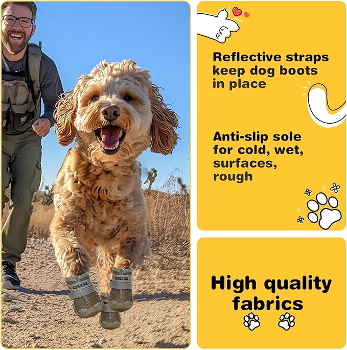 Hcpet Dog Shoes for Large Dogs, Breathable Dog Booties for Small Medium Dogs, Anti-Slip Dog Boots & Paw Protectors for Hot Pavement Winter Snow Hiking with Reflective Straps Army Green Size 4