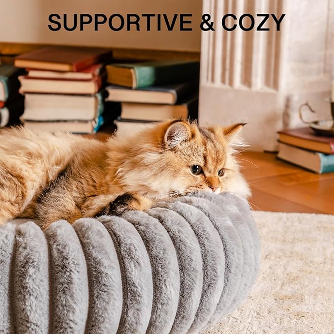 MEWOOFUN Cat Bed, Washable Beds for Indoor Cats, Cute Donut Bed Fluffy Pet Bed with Non-Slip Bottom, Calming Round Bed for Puppy and Kitten (Grey)