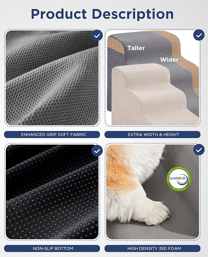Beige Curved Dog Stairs Ramp for Small Dogs & Cats 22.8" H, 4-Step Dog Steps for Couch Sofa and Chair, Pet Stairs for Cats, Non-Slip Balanced Pet Steps